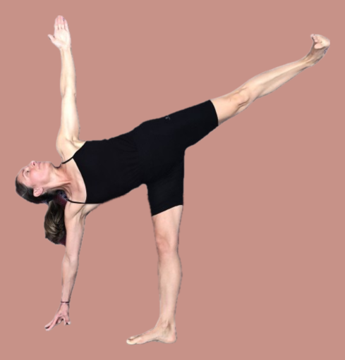 Posture de Vinyasa yoga en équilibre, jambe levée.